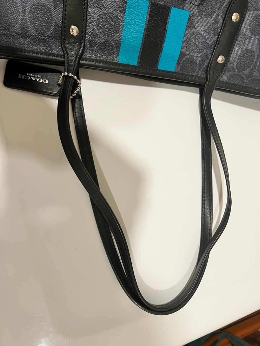 Coach Navy Signature Tote with Teal and Black Racing Stripes - Picture 14 of 15